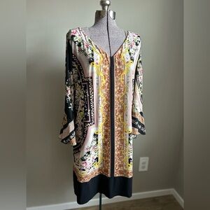 Silk blend made in Italy Floral Long Sleeve v neck Dress with Black Accents